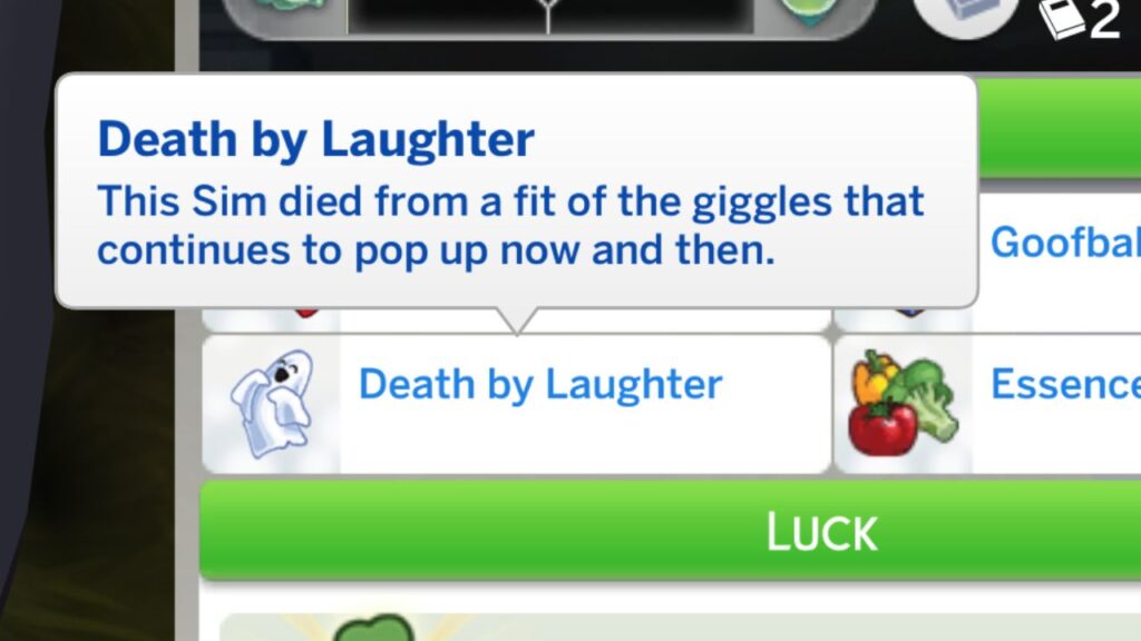 A screenshot from The Sims 4 showing the death by laughter trait