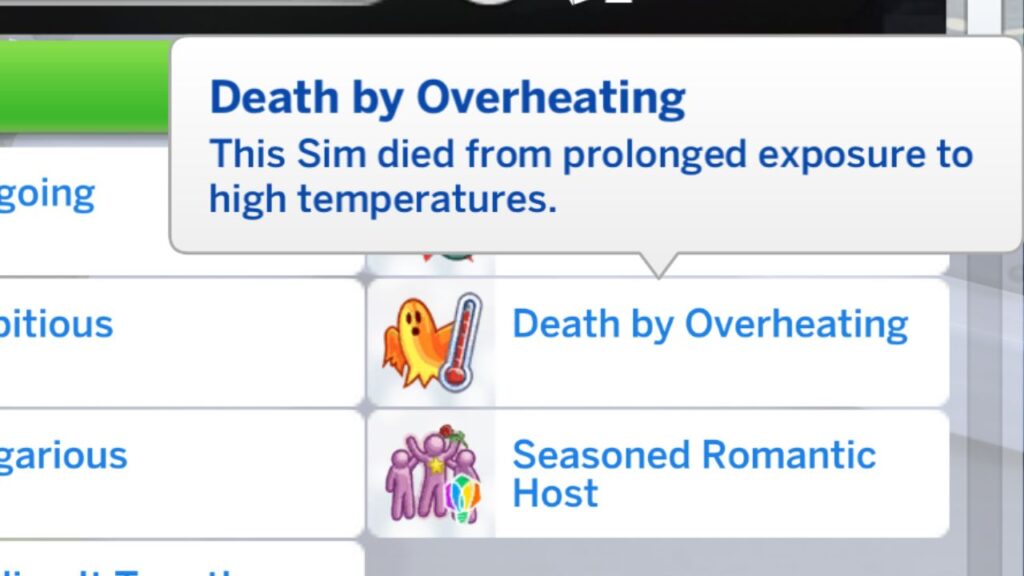 A Screenshot from The Sims 4 showing the death by overheating trait 