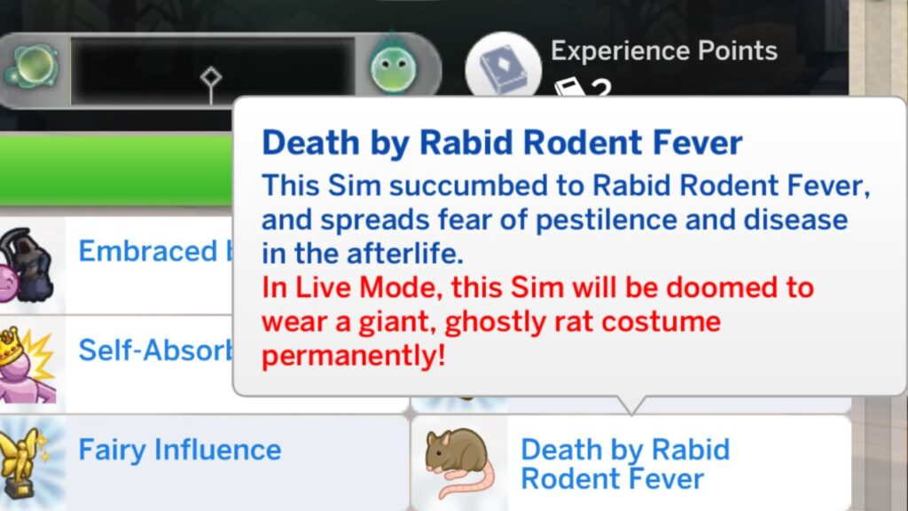 A screenshot from The Sims 4 showing the death by rabid rodent fever trait 