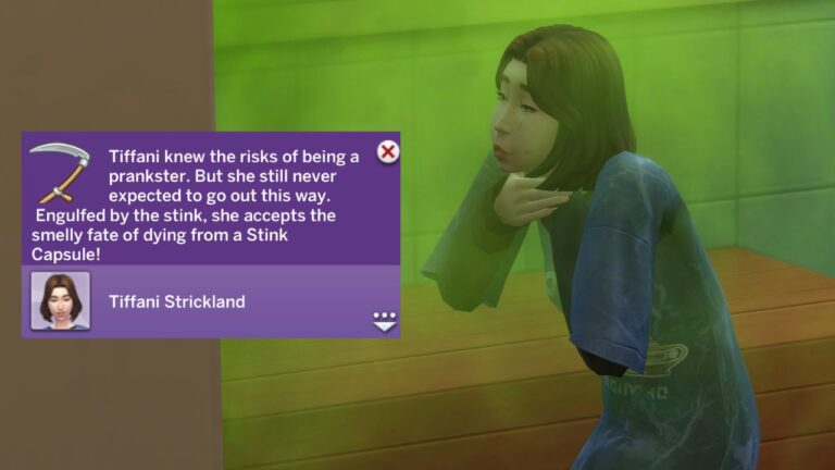 A screenshot from The Sims 4 showing a sim dying from a stink capsule back fire