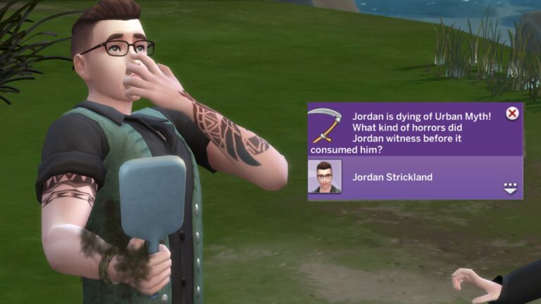 A screenshot from The Sims 4 showing a sim holding a mirror with black fog and they are holding their face from the death from urban myth