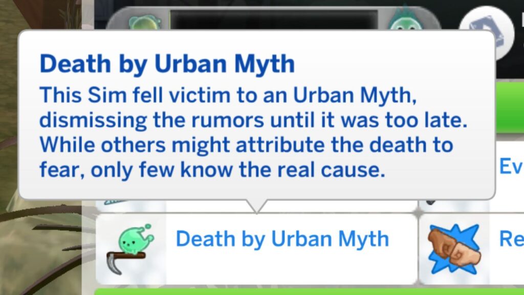 A screenshot from The Sims 4 showing the death by urban myth trait 