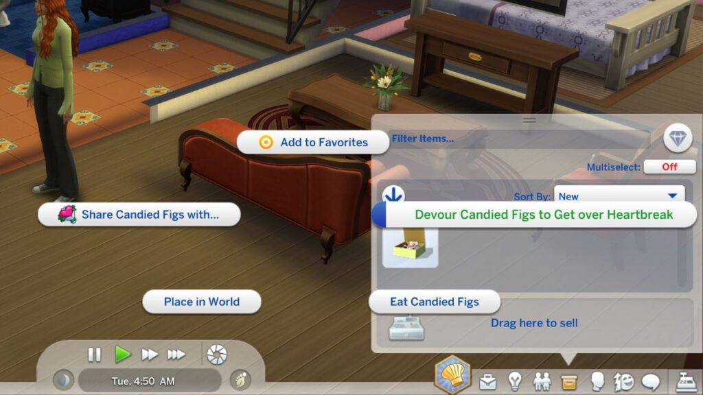 A screenshot from The Sims 4 showing how to devour candied figs to get over heartbreak 