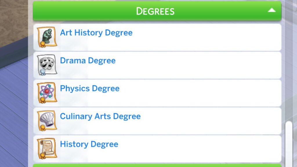 A screenshot from The Sims 4 showing a sim with five university degrees