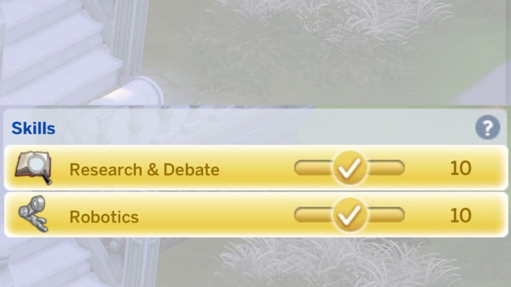 A screenshot from The Sims 4 showing a sim with maxed our research and debate and robotics skills