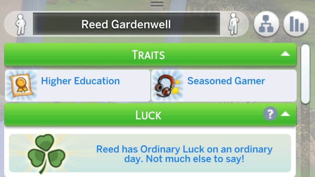A screenshot from The Sims 4 showing a sim with the seasoned gamer and higher education traits from Discover University