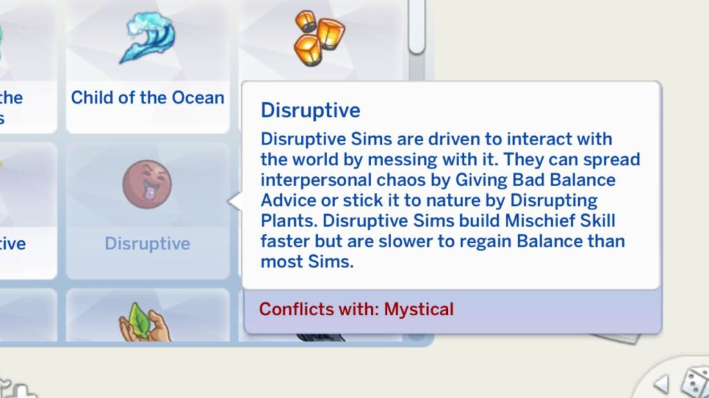 A screenshot from The Sims 4 showing the disruptive trait and how it conflicts with mystical