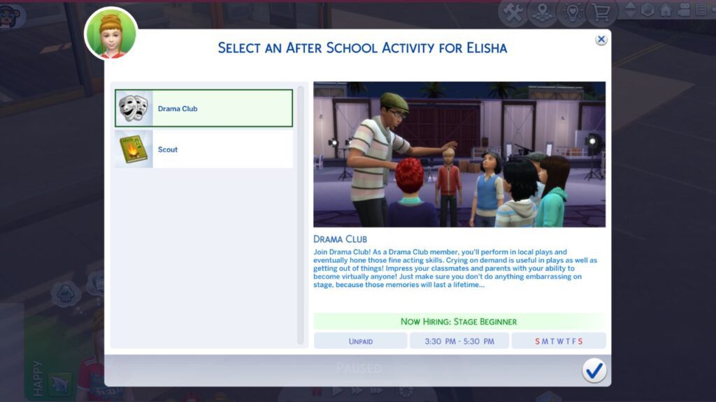 A screenshot from The Sims 4 showing the menu to start a sim in the drama club