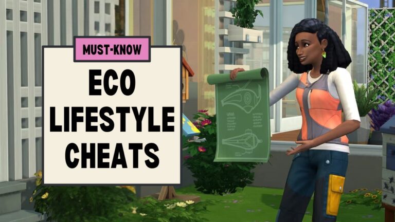 This image has a set of boxes on the left side that says "Must know eco lifestyle cheats" and on the right side is a sim holding up a paper