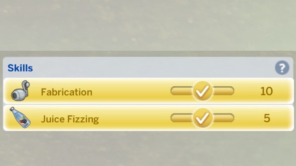 A screenshot from The Sims 4 showing a sim with maxed juice fizzing and fabrication from eco lifestyle cheats