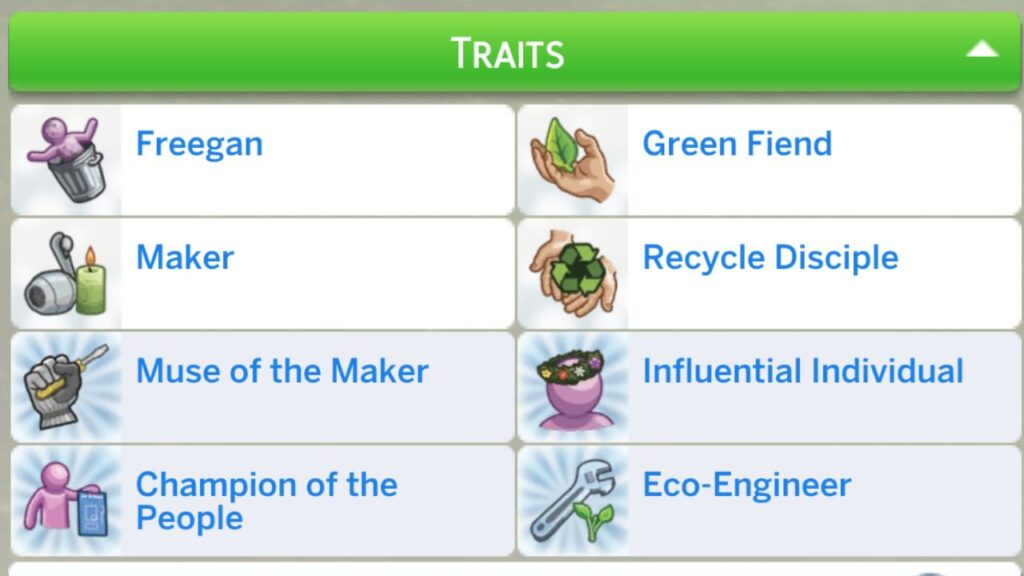 A screenshot from The Sims 4 showing a sim with all 8 eco life style traits