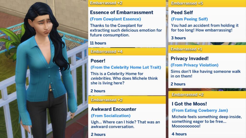 A screenshot from The Sims 4 showing a sim next to a bunch of embarrassed moodlets 