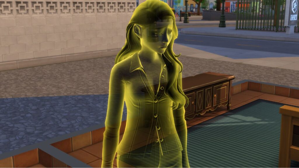 A screenshot from The Sims 4 showing a sad looking yellow ghost