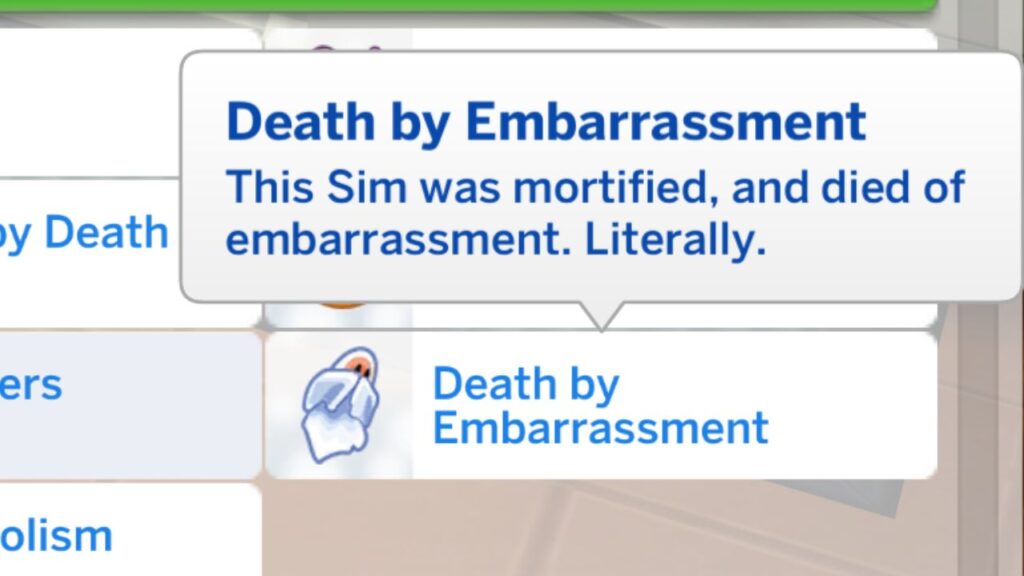 A screenshot from The Sims 4 showing the death by embarrassment trait 