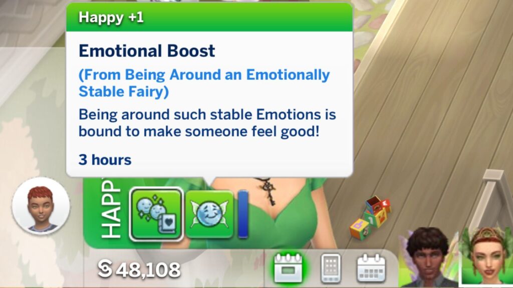 A screenshot from The Sims 4 showing the +1 Happy Moodlet Emotional Boost 