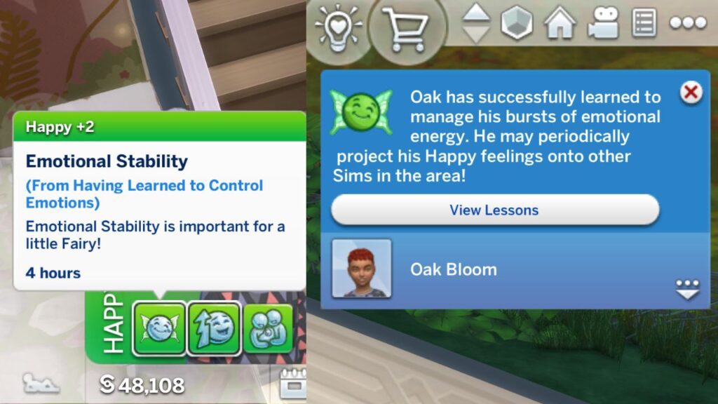 A screenshot from The Sims 4 showing the notification and moodlet for a fairy with emotional stability 