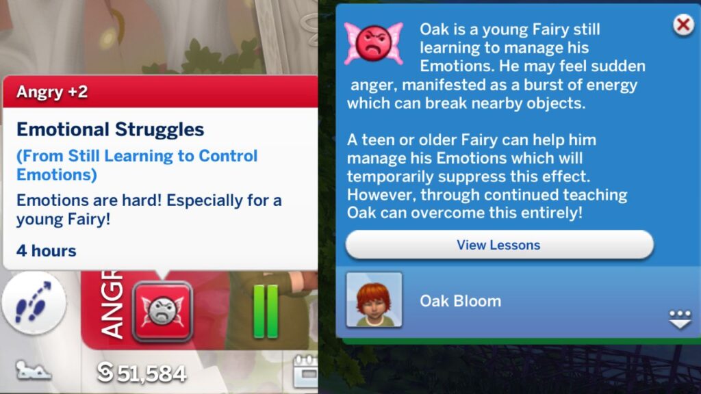 A screenshot from The Sims 4 showing the emotional struggles angry moodlet and notification 