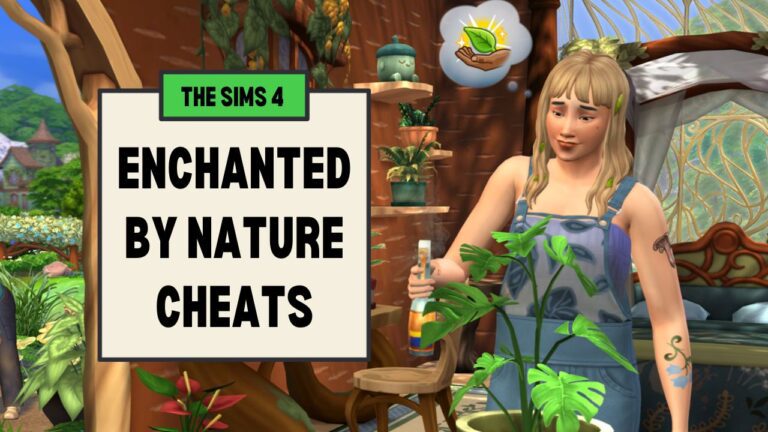This image has a a box on the left "The Sims 4 Enchanted by Nature Cheats" and on the right is a sim doing apothecary