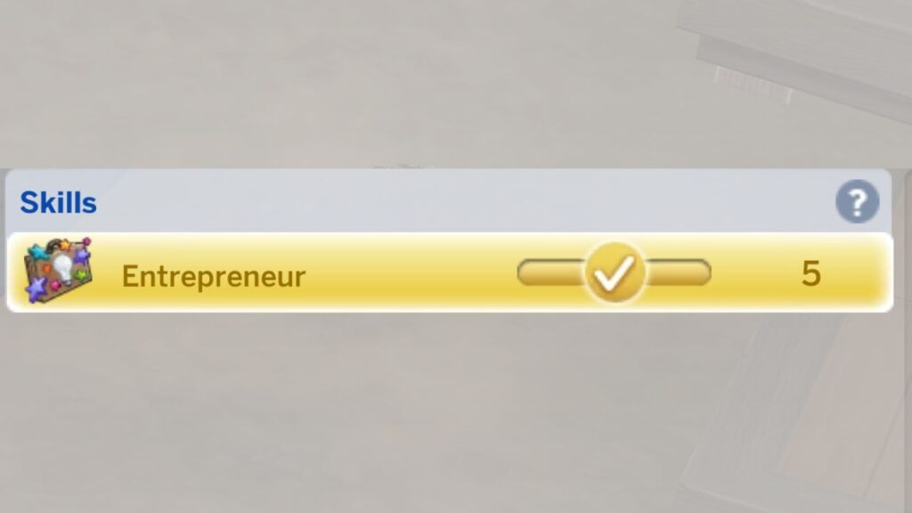 A screenshot from The Sims 4 showing a sim with a maxed out entrepreneur skill at level 5 from cheats