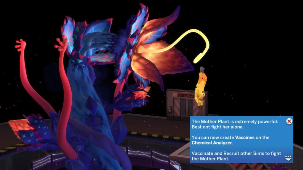 A screenshot from The Sims 4 showing a sim being attacked by The Mother 