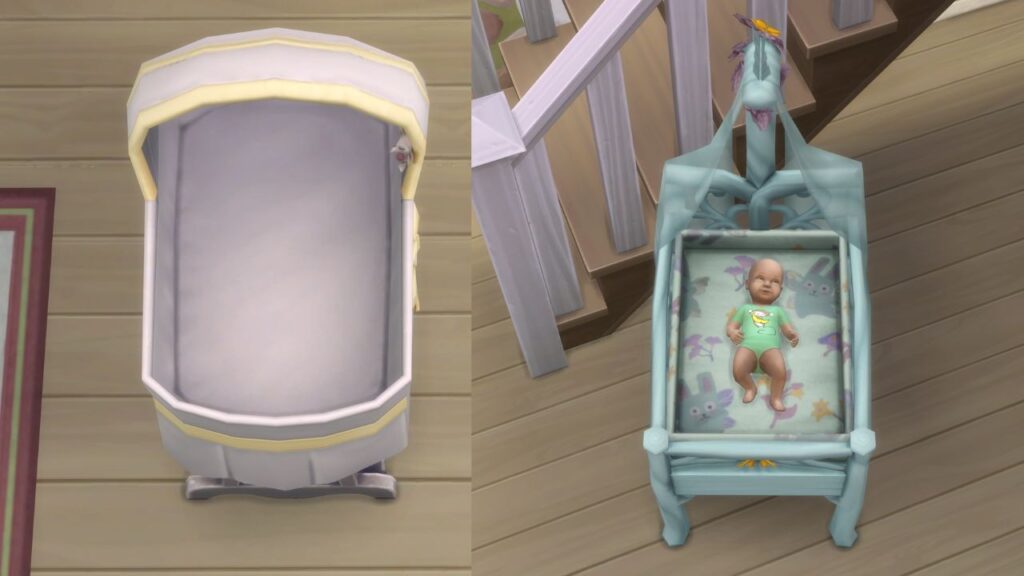 A screenshot from The Sims 4 showing a regular bassinet and a fairy bassinet 