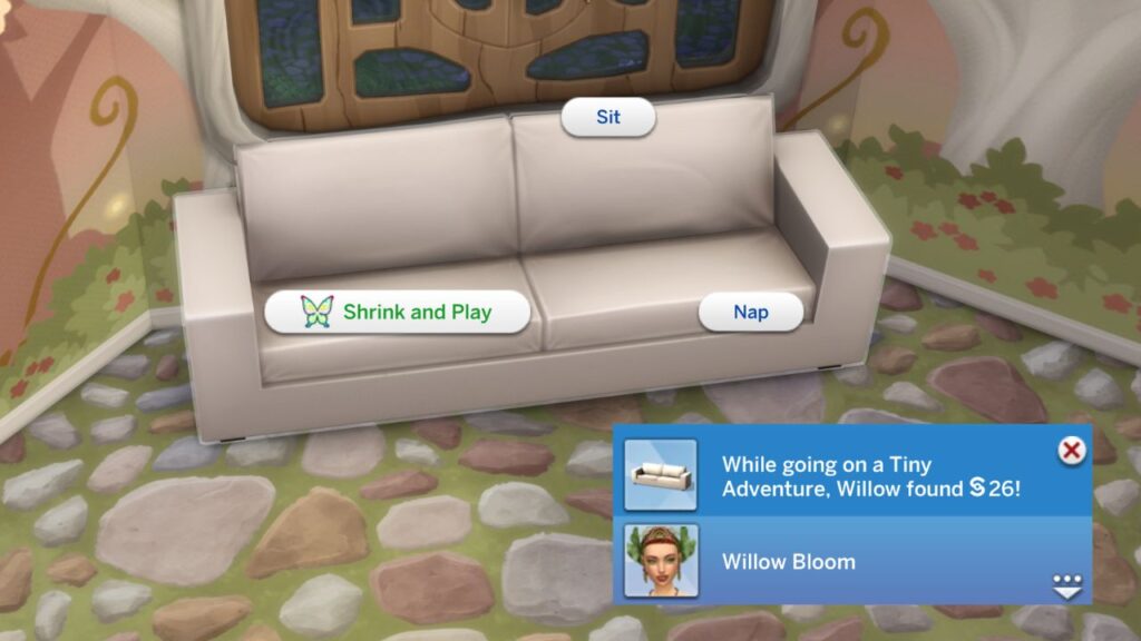 A screenshot from The Sims 4 showing the option to shrink and play as a fairy on a couch 