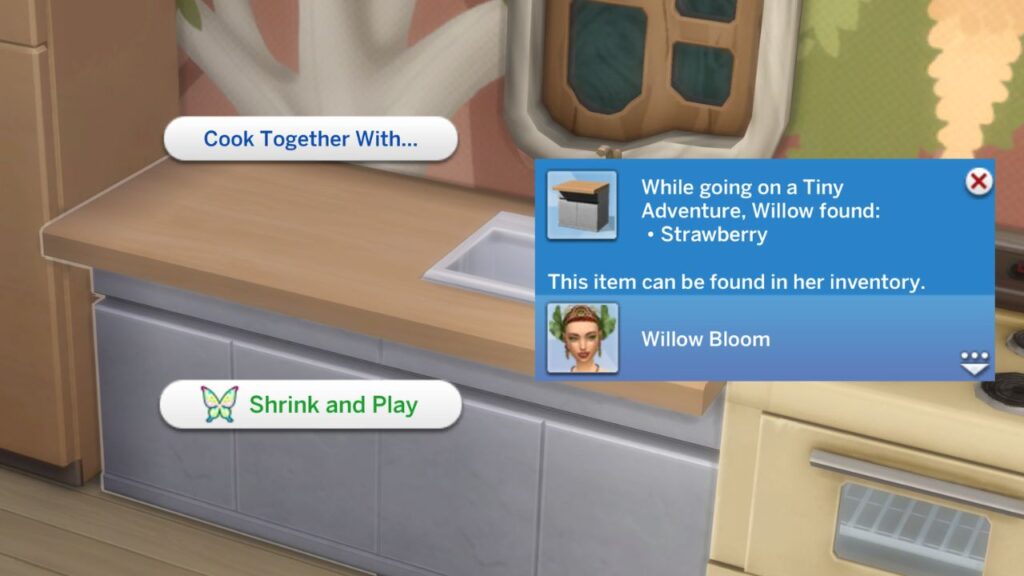 A screenshot from The Sims 4 showing the option to shrink and play on a counter as a fairy 