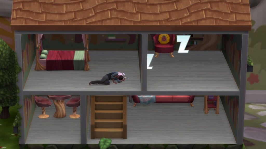 A screenshot from The Sims 4 showing a fairy sleeping inside of a fairy house 