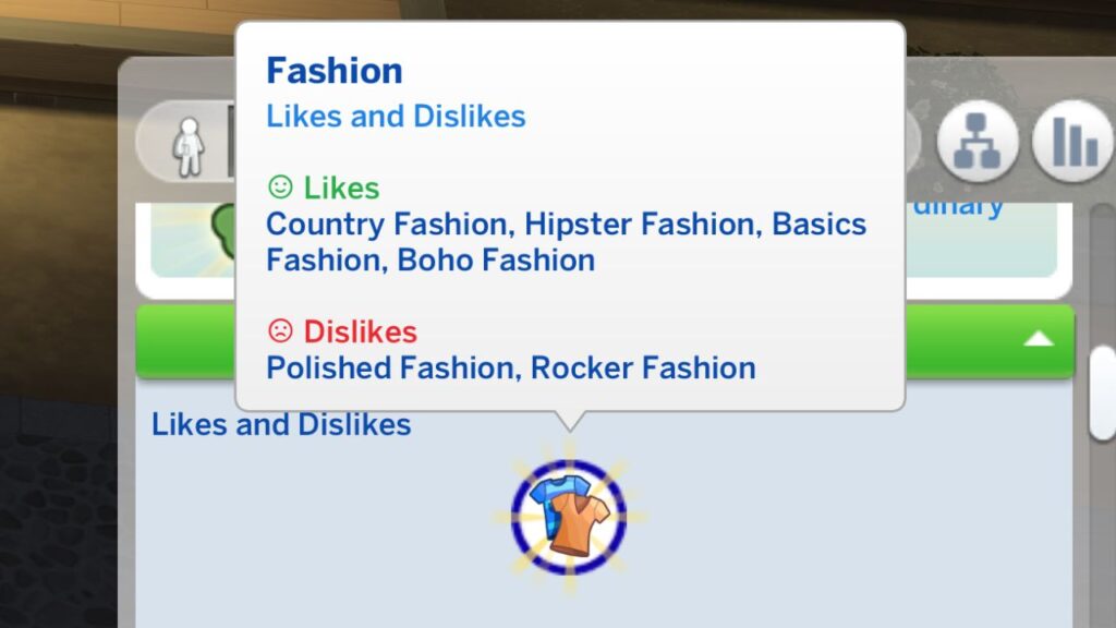 A screenshot from The Sims 4 showing a sim who likes and dislikes different fashion styles