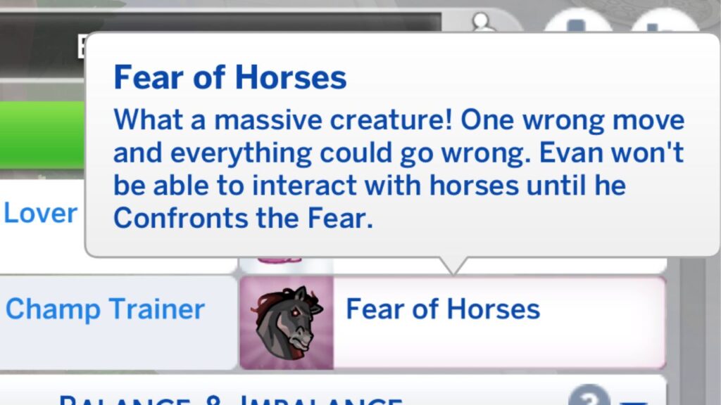 A screenshot from The Sims 4 showing the fear of horses trait