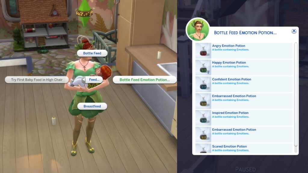 A screenshot from The Sims 4 showing the option to feed a baby an emotion potion 