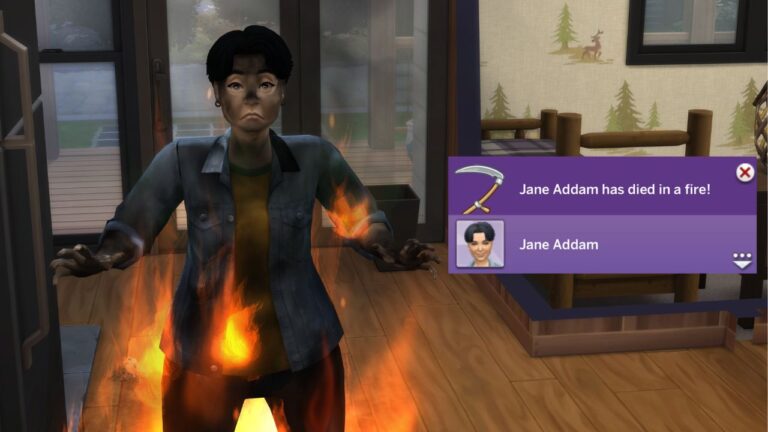 A screenshot from The Sims 4 showing a sim dying in a fire