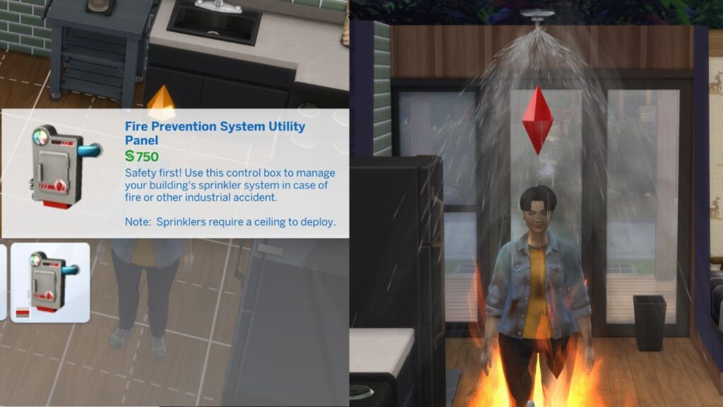 A screenshot from The Sims 4 showing the build mode listing for the fire prevention system utility panel and a sim on fire being sprinkled with water 