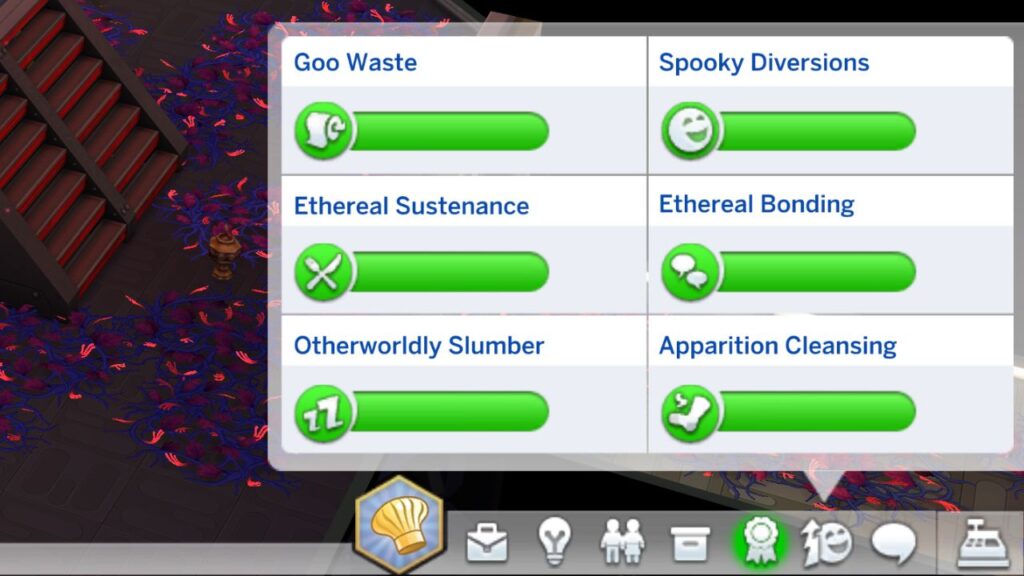 A screenshot from The Sims 4 showing a ghost's needs being full 