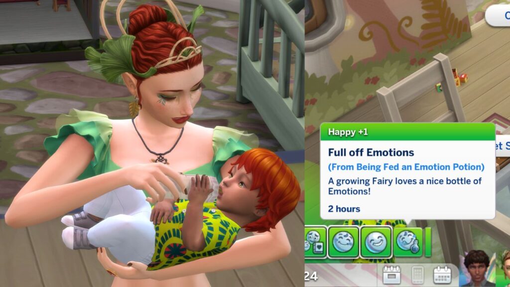 A screenshot from The Sims 4 showing a sim feeding their child an emotion potion 