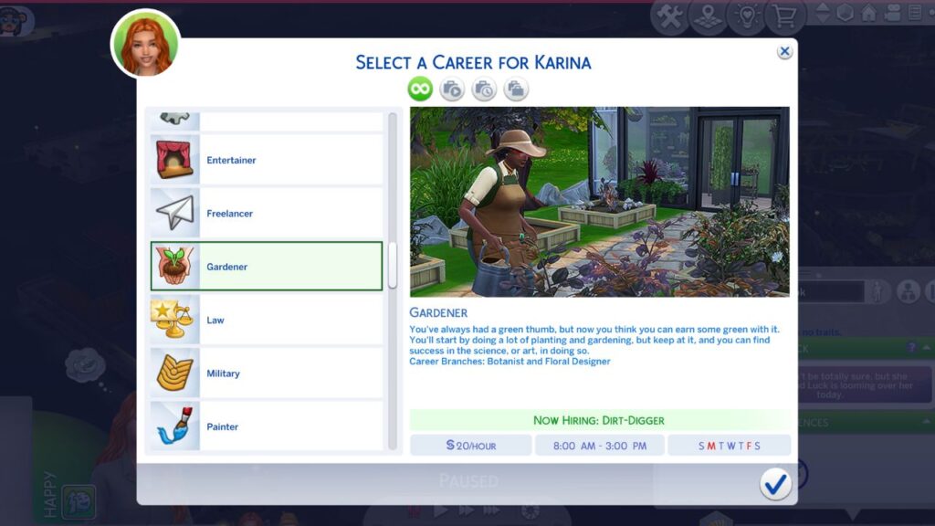 A screenshot from The Sims 4 showing the gardener career menu 