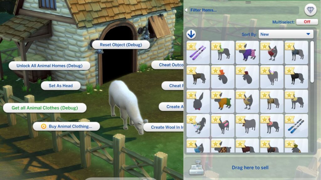 A screenshot from The Sims 4 showing how to get all animal clothes in cottage living with cheats 