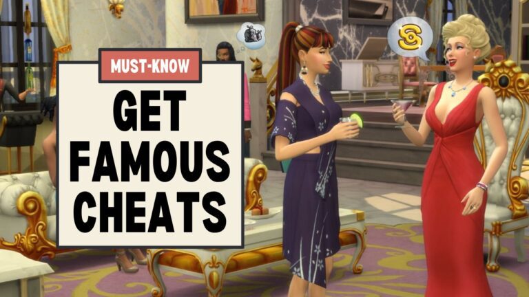 This image has a set of boxes on the left with text that says "must know get famous cheats" and on the right is Judith Ward chatting with another sim at a party.