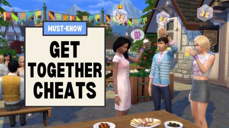 This image has a bunch of squares on the left side and it says "Must know get together cheats" on the left and on the right are three sims hanging out