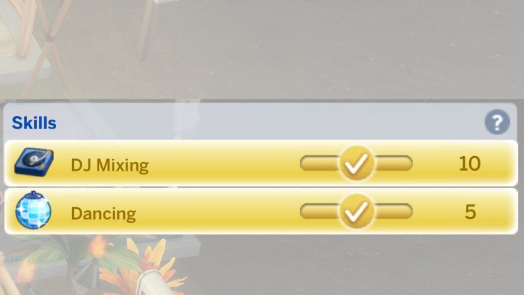 A screenshot from The Sims 4 showing a sim with max DJ Mixing and dancing skills from using cheats 