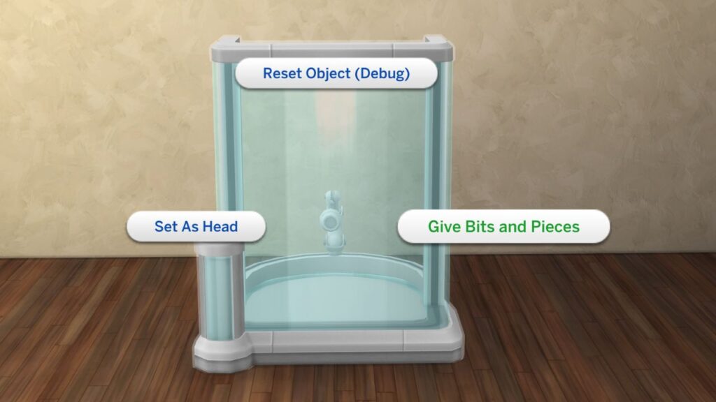 A screenshot from The Sims 4 showing how to cheat to get bits and pieces