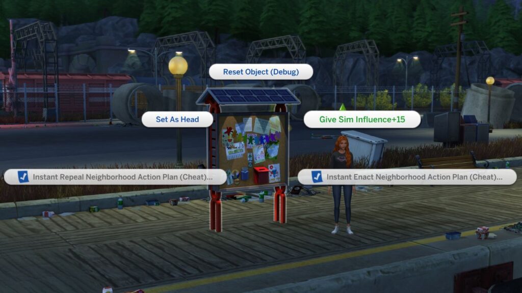 A screenshot from The Sims 4 showing the cheat to give sim influence points in eco lifestyle