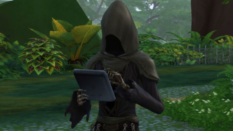A screenshot from The Sims 4 of The Grim Reaper on an ipad