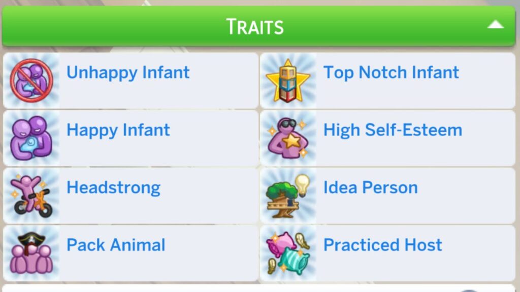 A screenshot from The Sims 4 showing a sim with all the traits from Growing Together  