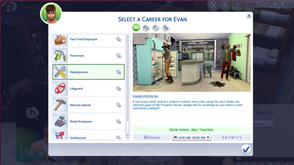 A screenshot from The Sims 4 showing the handyperson career menu
