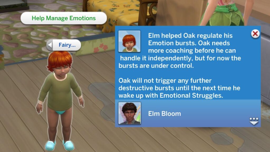 A screenshot from The Sims 4 showing how to help a fairy kid manage their emotions 