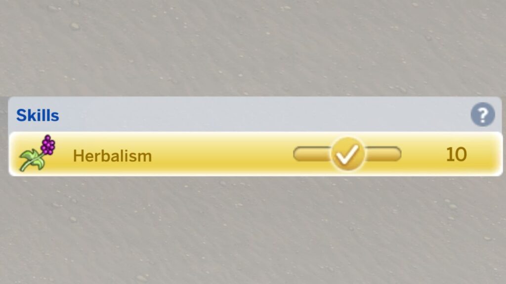 A screenshot from The Sims 4 showing a sim with a maxed herbalism skill