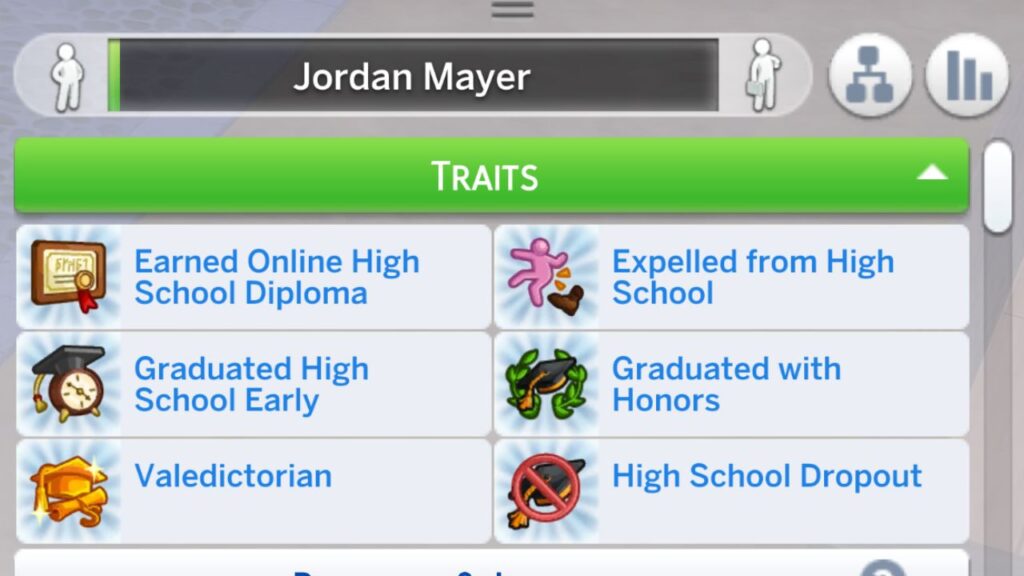 A screenshot from The Sims 4 showing the different traits for a sim's graduation status