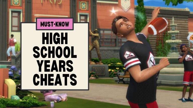 This image has a set of boxes on the left side with the text "must know high school years cheats" and on the right is a sim in a football uniform getting hit with a ball