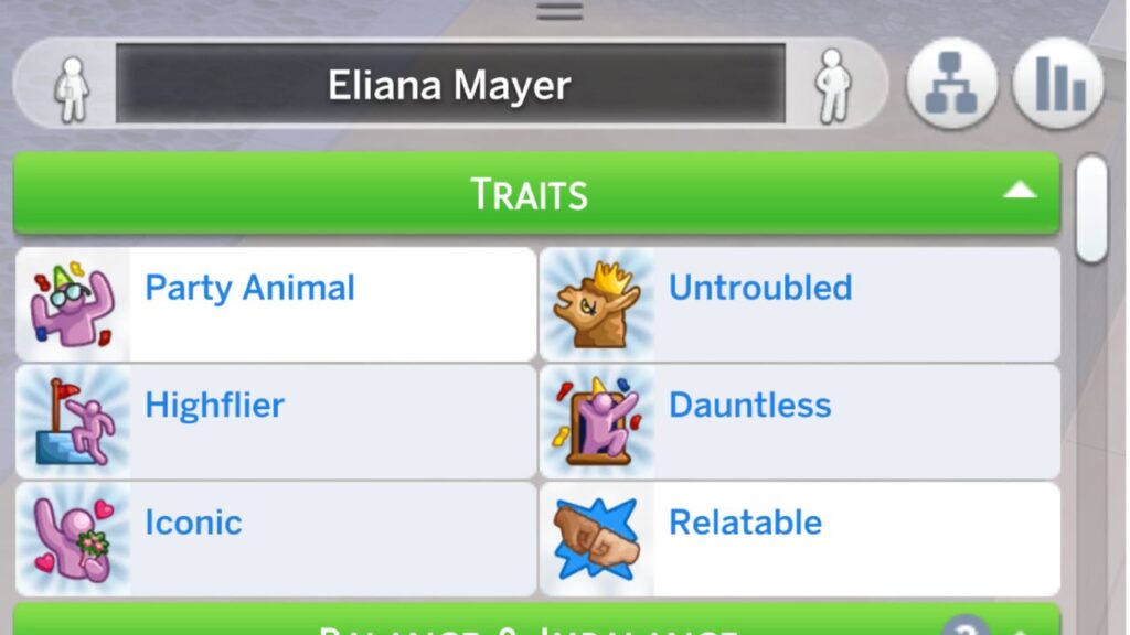 A screenshot from The Sims 4 showing a sim with six traits from high school years